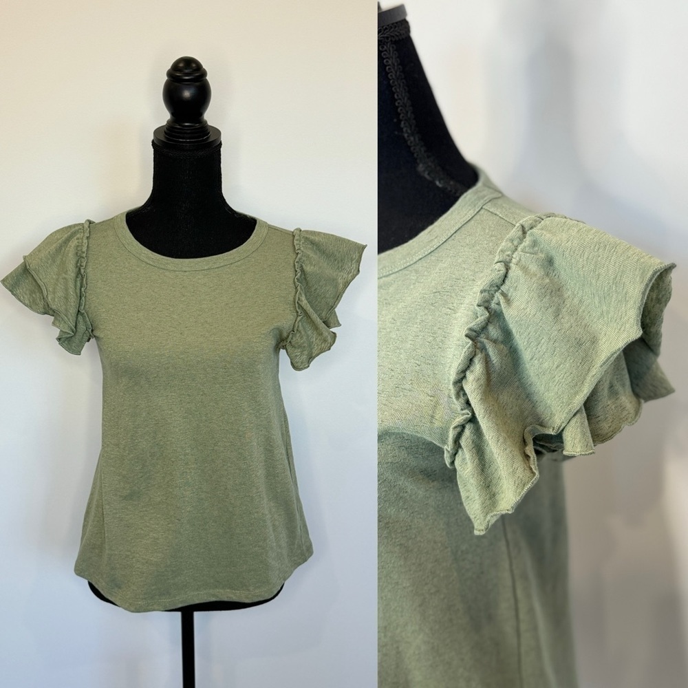 LOFT Green Shoulder Fringe Short Sleeve Top (XS)